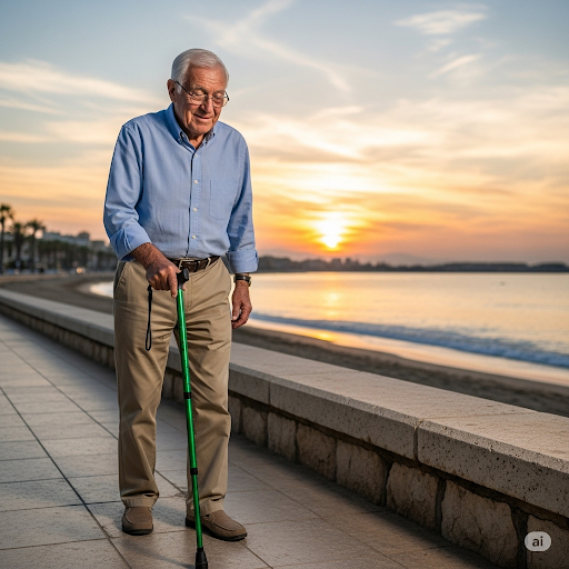 Persona caminando por un paseo marítimo con un bastón verde.
