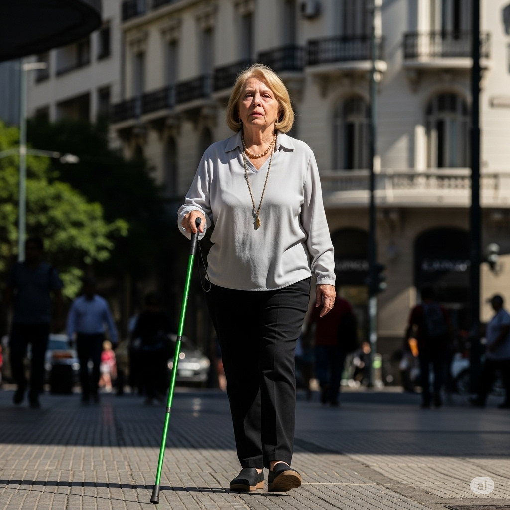 Persona caminando por la calle usando el bastón verde de baja visión