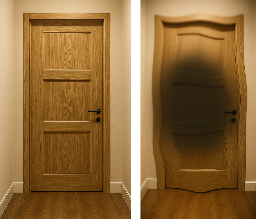 Imagen de una puerta simulando su aspecto con visión normal (izquierda) y con DMAE (derecha). La imagen de la derecha presenta un evidente oscurecimiento en su parte central y una distorsión que hace a las líneas rectas aparecer onduladas.