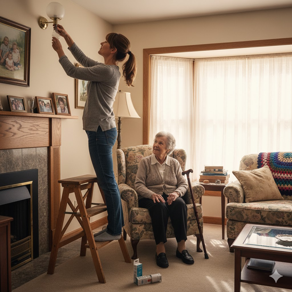 Persona cambiando una bombilla en el hogar de una persona mayor.